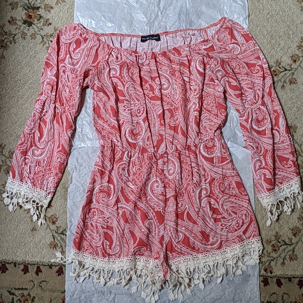 See You Monday Coral and Cream Fringed Rom…